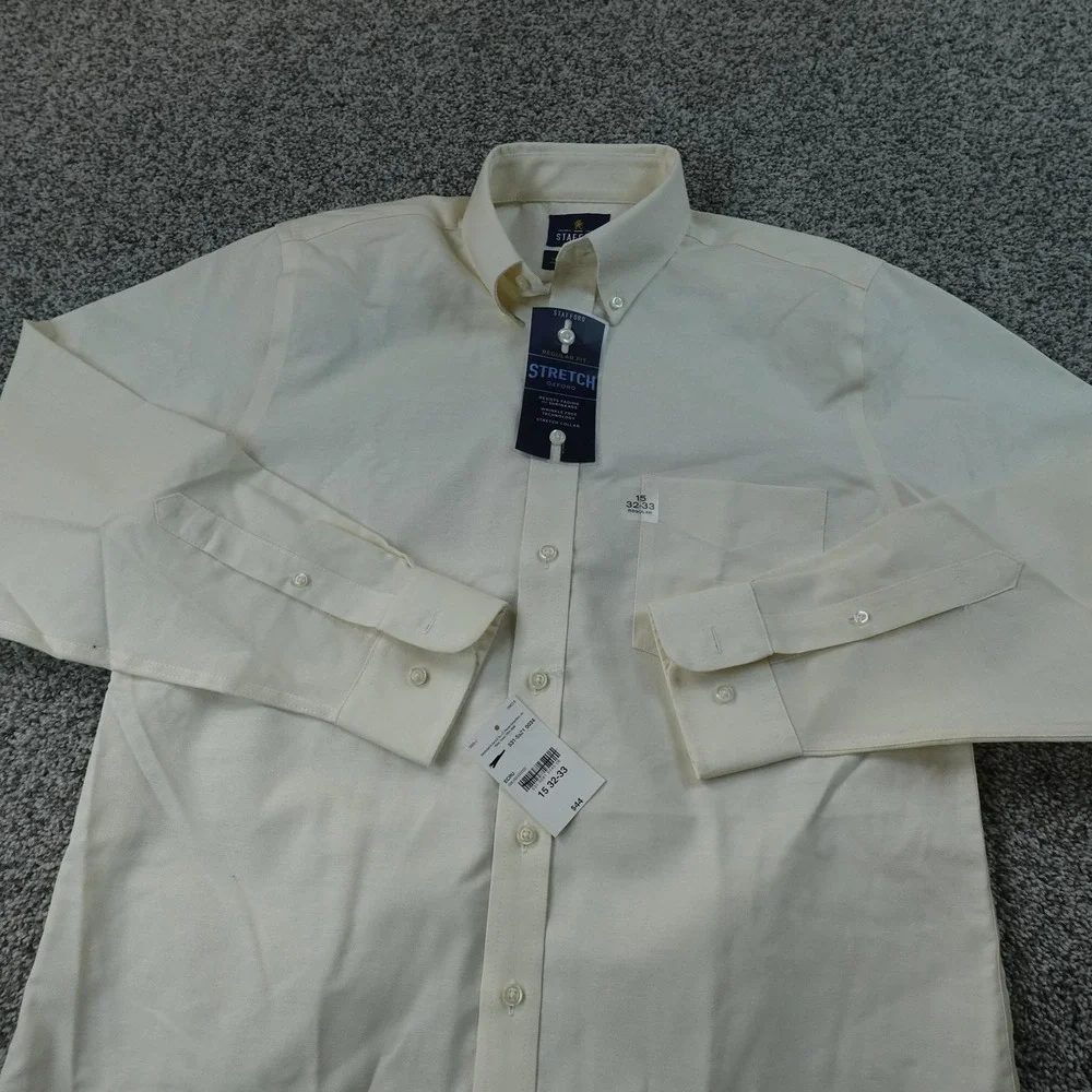 NEW Stafford Shirt Mens M 15 33 Cream White Long Sleeve Button Up Oxford Dress
